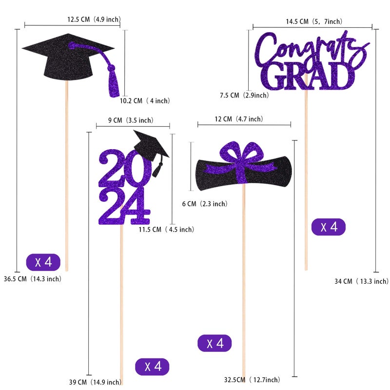 Gexolenu 16 PCS Purple and Black Double-Sided 2024 Graduation Centerpieces for Tables, 2024 Table Toppers Party Centerpiece Sticks Party Supplies, Graduation Party Decorations Class of 2024, Set of 4 - Image 2